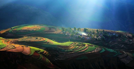 Magic Morning At Sunset Valley - terraces, divine light, China, town, beautiful, fields, surays, mountains