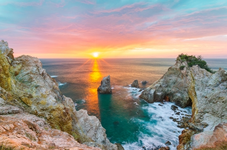 Sunset On Cape Koganezaki, Japan - sky, ocean, seashore, beautiful, island, sunset, rocks