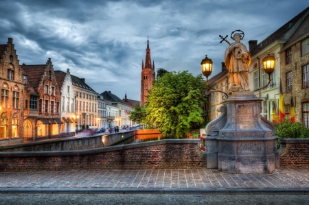 Peaceful Evening - street, sky, houses, statue, buildings, nature, town, lantern, alley, clouds, architecture, splendor, city