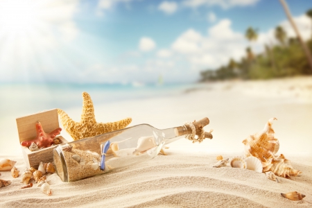 Summer Time - sunlight, summer, bottle, beach, seashells, splendor, sea, summer time, sand, sunrays, starfish, shells, nature, paradise, sun, sky