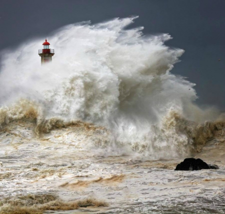 Stormy lighthouse - lighthouse, ocean, storm, waves