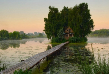 Mysterious house - mystery, lake, jetty, birch, house