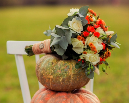 Bouquet - bouquet, chair, flowers, pumpkin