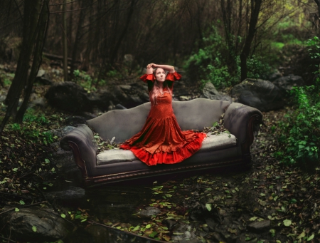 Alone in the forest - trees, forest, sofa, woman