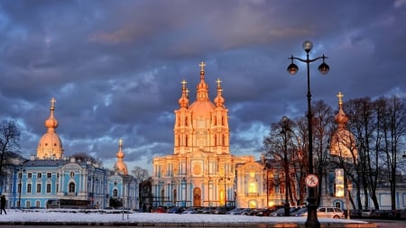 smolny cathedral in st. petersburg - cathedral, clouds, winter, sunset, sunshine, city