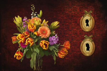 Victorian Bouquet - frames, flowers, bouquet, vase, still life, pictures, silhouettes, bows, victorian