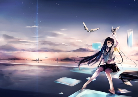 ♧~Ғℓσαтιиɢ Ƥℓαтғσямƨ~♧ - Cute, Sweet, Platforms, Clouds, Lovely, Anime, Long Hair, Water, Sky, Amazing, Freedom, Wings, Beautiful, Birds, Girl, Wonderful, Sea