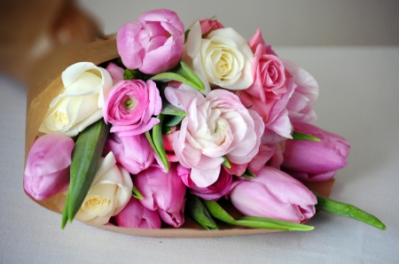 * Pink bouquet * - buttercups, tulips, bouquet, nature, pink, softness beauty, pastel, flowers, flower