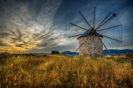 Windmill - sky, landscape, sunset, mill, nature, clouds, splendor, windmill, grass