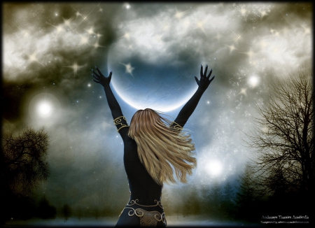 Reach for the Stars - women, clouds, moon, trees, reaching up, stars