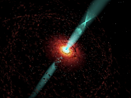 black hole in centre galaxy - on, sides, Jets, two