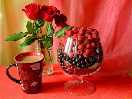 Still Life - roses, black berry, red berry, red, tea, cup, glass