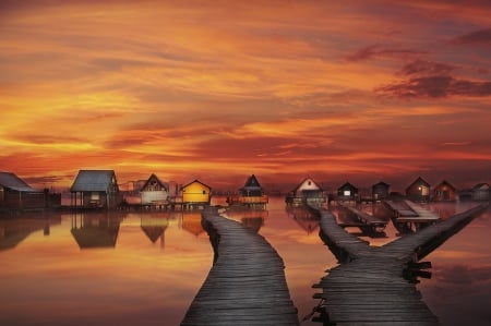 Sunset Serenade - clouds, evening, splendor, sea, ocean, reflection, pier, sunset, nature, view, lights, houses, sky, ocean view