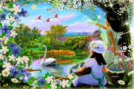 beautiful spring - swan, girls, sky, trees, hat, trash, magic, spring, view, clouds, grass, fly, boat, lake, summer, flash, nature, flowers, sweet