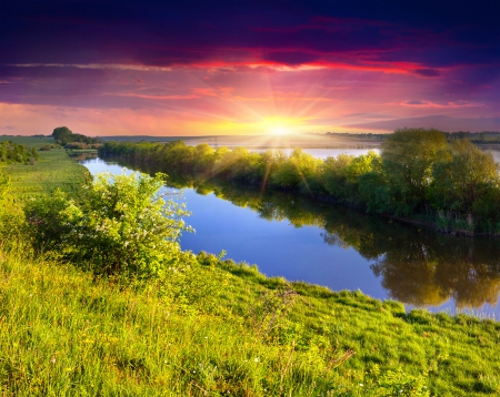 â™¥Landscapeâ™¥ - sky, river, sunset, sun, grass