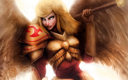 Kayle - game, league of legends, feather, angel, orange, armor, fantasy, kayle, white, wings