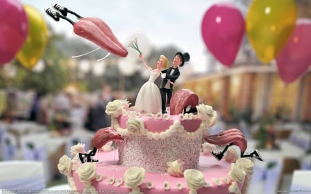 Sweet attack - love, couple, tongue, funny, bride, creative, fantasy, cake, petr vykoukal, balloons, cream, yellow, pink, dessert, sweet