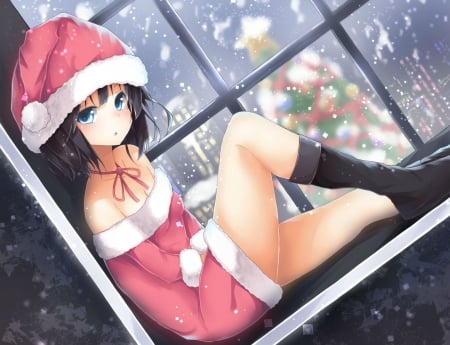 ☃|Christmas Lights|☃ - Cute, Sweet, Black Shoes, Tree, Winter, Lovely, Anime, Girl, Red Hat, Snow, Splendid, Red Dress, Wonderful, Christmas, Amazing