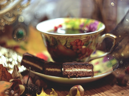 Good Morning - bokeh, acorns, autumn, tea cup, tea, nut, still life, cookies