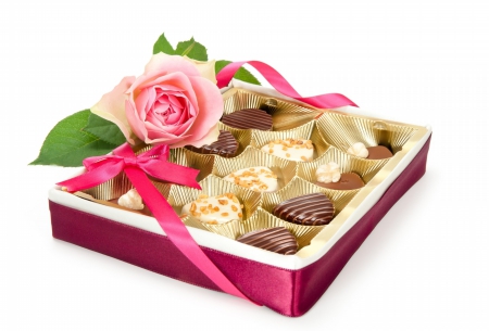 Pink Rose and Box of Chocolates - chocolates, rose, flower, pink