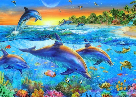 ★Dolphin Cove★ - cove, summer, attractions in dreams, flying birds, creative pre-made, sea life, dolphins, corals, seasons, paradise, most downloaded, sky, paintings, beaches, sea, fishes, scenic, turtles, nature, underwater, love four seasons, animals