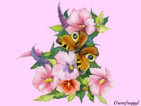 BUTTERFLY AND FLOWERS - creation, butterfly, abstract, flowers