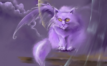 Fantasy cat - bat, yellow, eyes, pink, cat, fantasy, animal, purple, wings, art