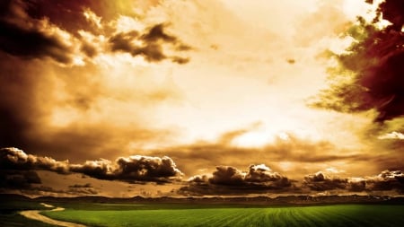 superb sky over green fields - sky, road, clouds, fields, green