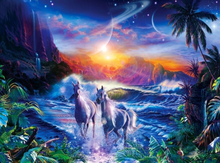 From the Sea - palms, sunset, horses, artwork, waves, mountains