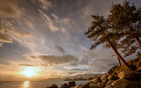 Sunset on Sandy Beach, Lake Tahoe, California - beach, lake, usa, sunset