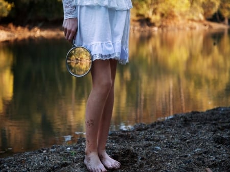 Magnify Glass - autumn, lake, girl, trees, water, ground, reflection, magnify glass, sand