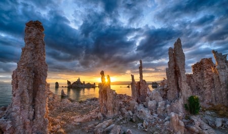 Mono Lake Sunrise - sky, lake, morning calm, rocks, yellow, clouds, blue, beautiful, sunrise