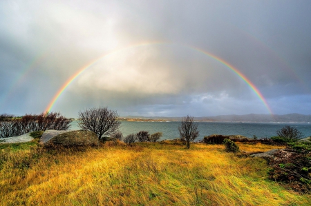 Double Rainbow - clouds, Norway, hills, rainbow, beautiful, sea, grass, sky