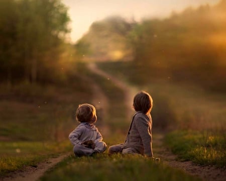 â™¥ - forest, path, road, evening, grass, children, splendor, trees, sunset, nature