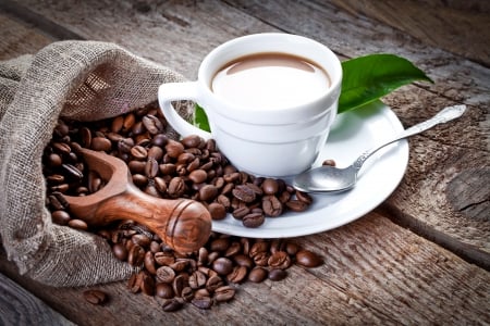 â™¥Coffeeâ™¥ - wood, coffee, beans, leaf, cup