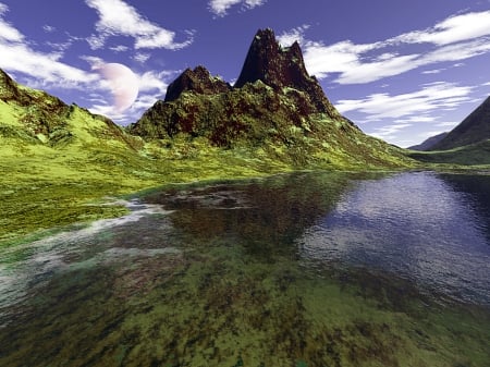 lake - lakes, moon, nature, green