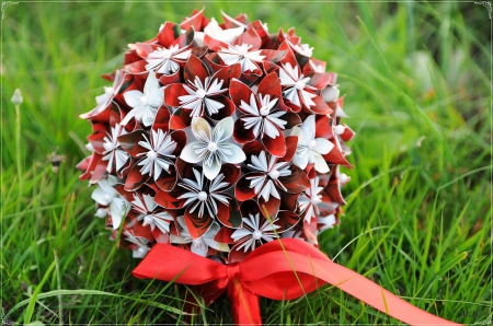 Flowerball - ribbon, blossoms, grass, artificial