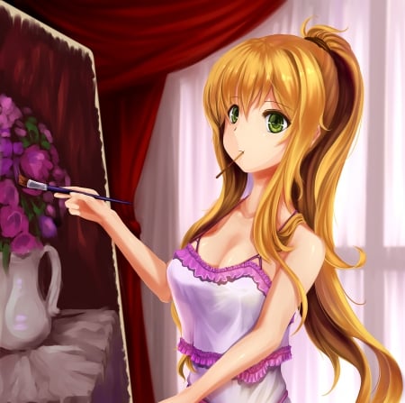 Artist - pretty, anime, female, maiden, dress, blonde, blond hair, long hair, blond, hd, nice, art, artist, draw, paint, anime girl, girl, sundress, blonde hair, lovely, sweet, drawing, blouse, lady, painting, canvas, brush