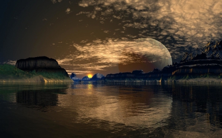 Fantasy - sky, lake, fantasy, water, moon