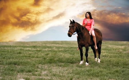 Cowgirl On The Plains - women, fun, female, fashion, plains, cowgirls, style, outdoors, horses, ranch, country, sky, westerns