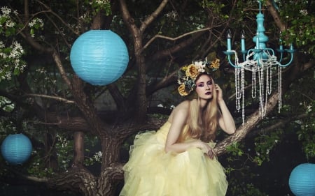 â™¥ - woman, girl, creative, model, lampions, forest, lantern, yellow, blue, tree, flower, dress