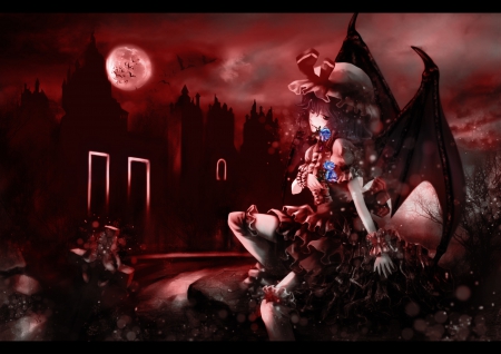 ~Red Night~ - red, touhou, remilia scarlet, gothic, moon, dark, anime, demonic wings