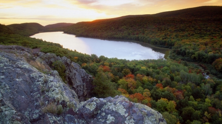 beautiful lake in a michigan national park - lake, forest, rocks, hills, autumn