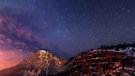 snowing under starry night - mountains, rocks, stars, night, snow