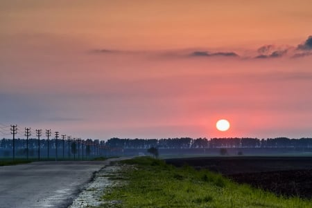 Sunset - fields, sunset, road, sun