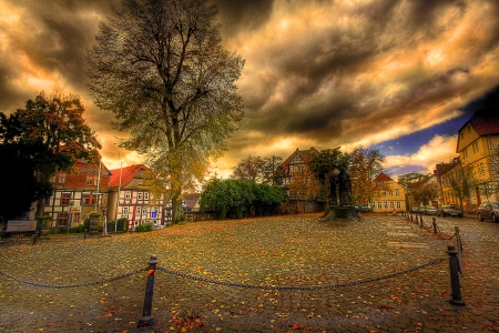 Autumn - autumn, sky, houses, sunset, autumn leaves, buildings, autumn splendor, nature, fall, town, clouds, leaves, splendor