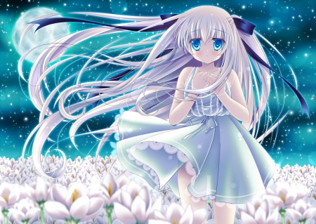 Flower Girl - pretty, moon, game, girl, night, long hair, flowers, cg, cute