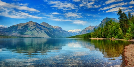 Lake McDonald, Montana - clouds, summer, beautiful, forest, crystal waters, mountain, Glacier National Park, lake, sky