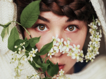 Beauty - women, face, beauty, braids, flowers