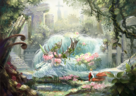 Philosopher's Sleep - nice, realistic, beauty, female, magic, fantasy, pretty, anime, cute, scene, scenic, girl, magical, lovely, ruin, cg, hd, monstger, horn, floral, forest, creature, jungle, beautiful, blossom, scenery, sweet, flower